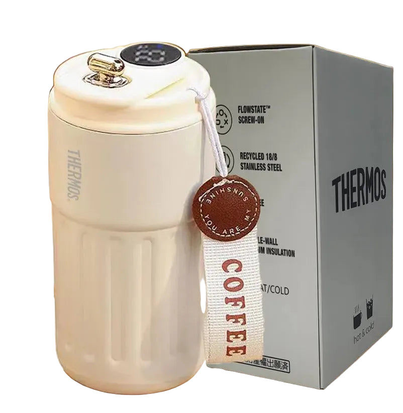 Thermos inox intelligent 400 ml avec écran température, design élégant avec conteneur en inox recyclable.