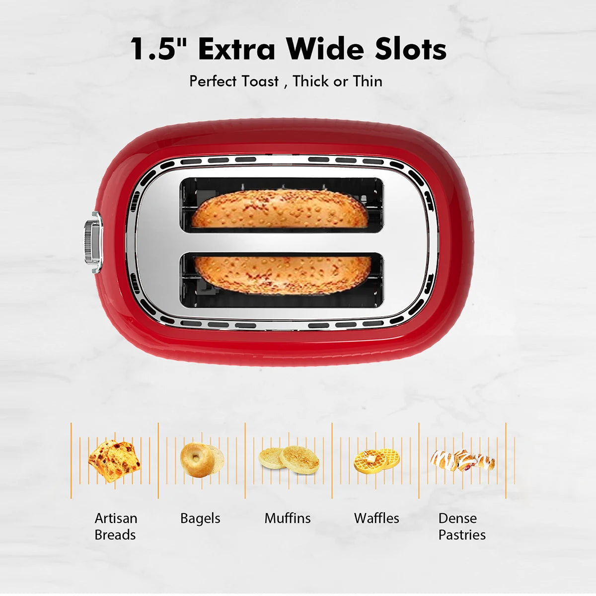 Toaster Rétro 2 Tranches Crème rouge avec fentes larges pour tranches épaisses ou fines