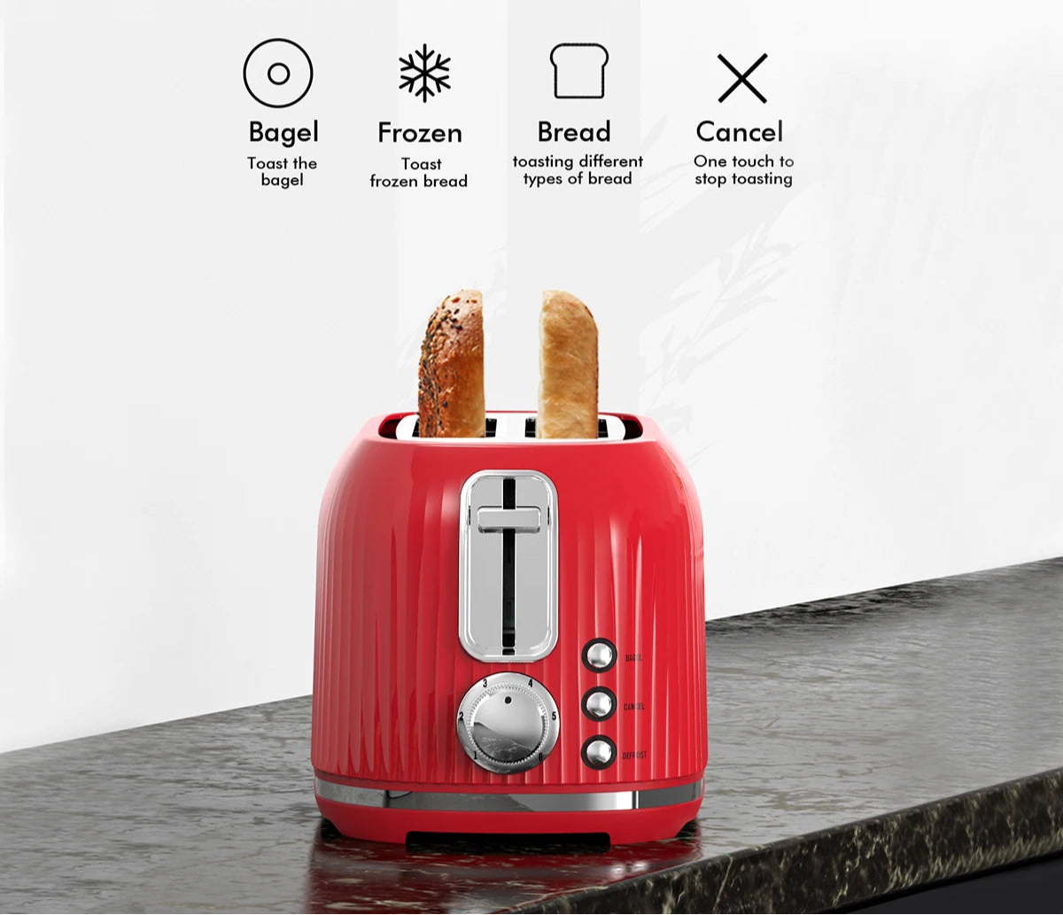 Toaster Rétro 2 Tranches Crème rouge avec levier et boutons pour griller bagels, pain congelé et pain classique