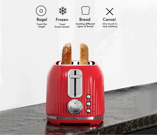 Toaster Rétro 2 Tranches Crème rouge avec levier et boutons pour griller bagels, pain congelé et pain classique
