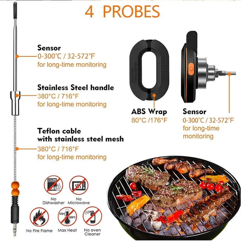 Thermomètre de Cuisson Connecté avec 4 sondes en acier inoxydable pour surveillance précise de la cuisson des viandes