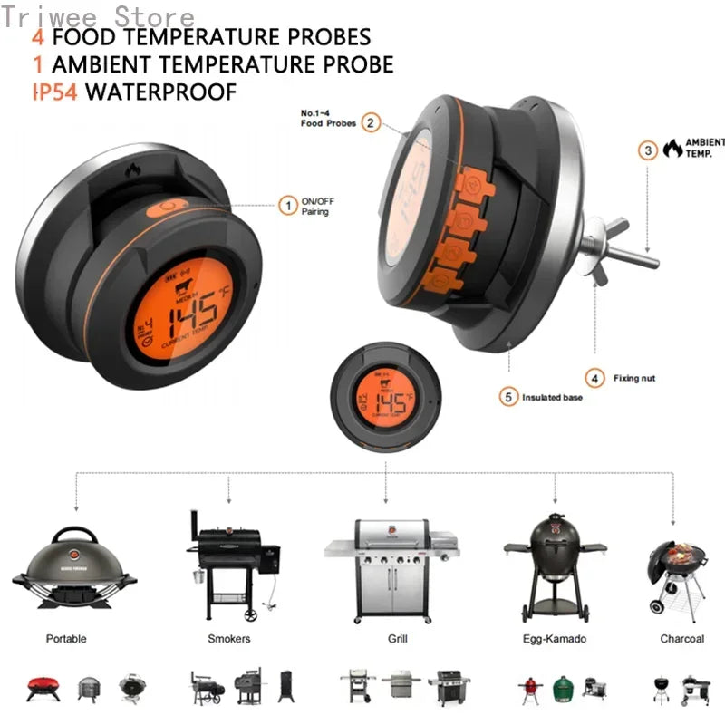 Thermomètre de Cuisson Connecté Ustensile de chef avec 4 sondes alimentaires et écran numérique étanche IP54
