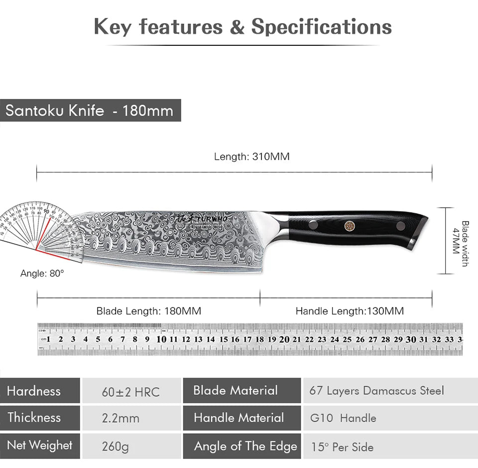 Santoku Japonais 18 cm Damas VG10 – Couteau Pro TURWHO avec lame damas acier 67 couches et manche G10