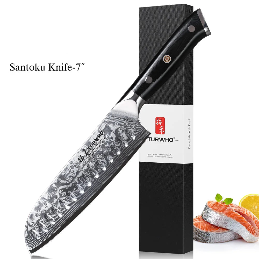 Santoku Japonais 18 cm Damas VG10 – Couteau Pro TURWHO avec lame damassée et manche noir ergonomique