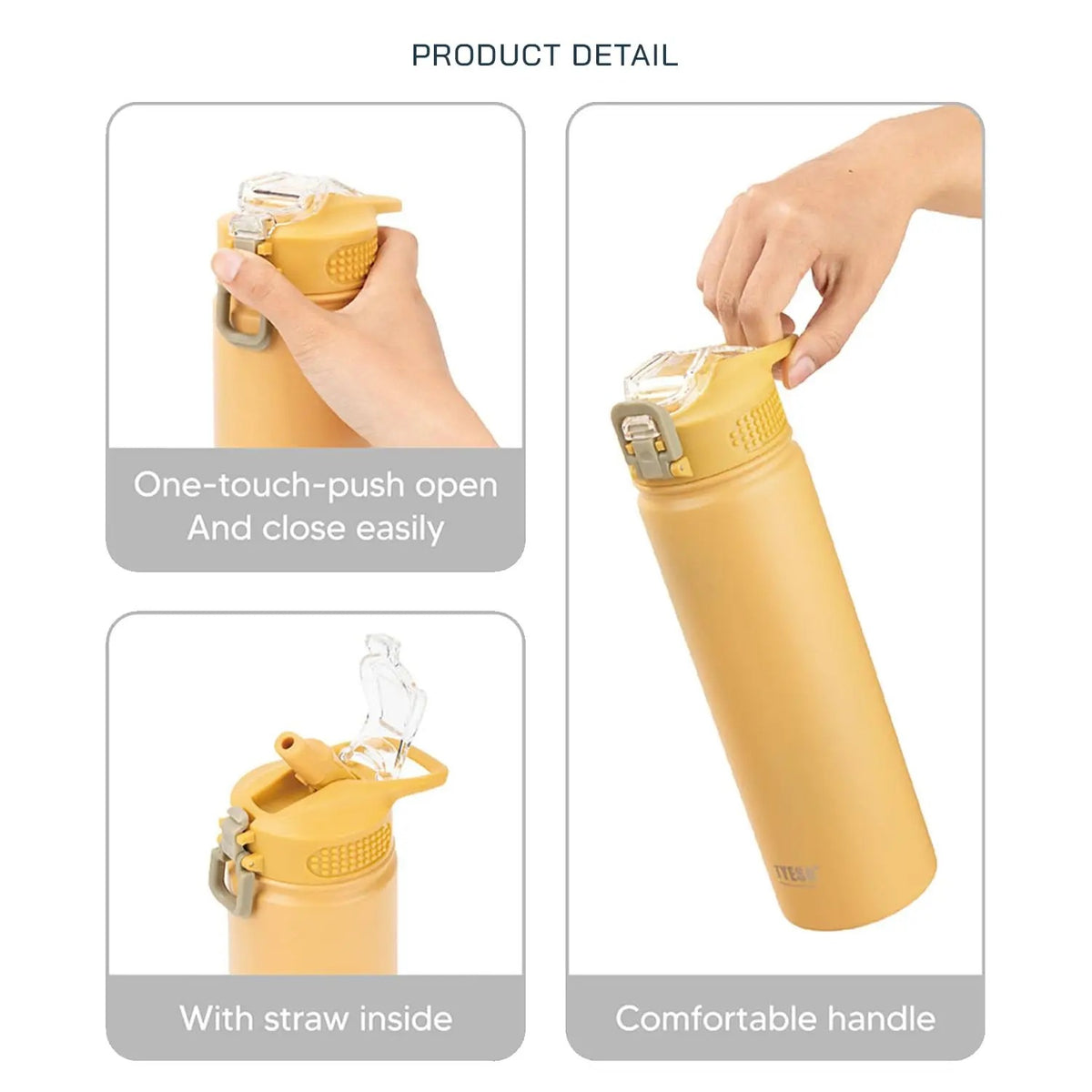 Gourde Isotherme Inox 600ml 750ml Sport en jaune avec ouverture facile et paille intégrée