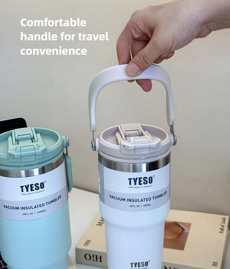 Mug isotherme inox avec anse – 750ml à 1200ml. Deux gourdes inox TYESO blanche et menthe, poignée rabattable tenue par une main