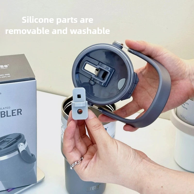 Mug isotherme inox avec anse – 750ml à 1200ml montrant couvercle démonté et pièces en silicone amovibles