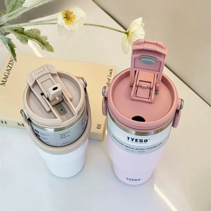 Mug isotherme inox avec anse – 750ml à 1200ml rose et beige avec couvercle à clapet et poignée