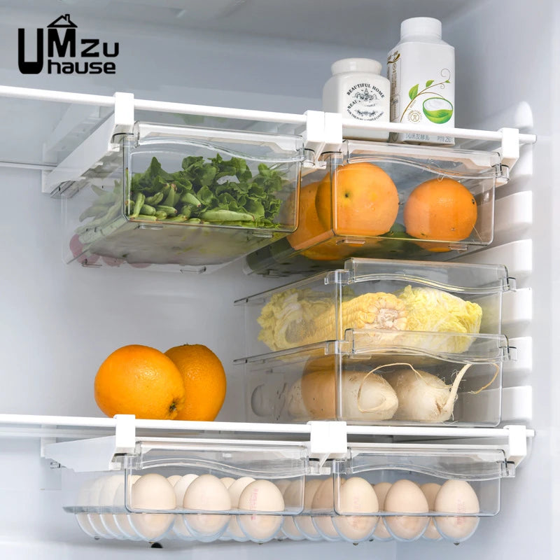 Panier de Rangement Frigo Extensible avec Porte-Œufs en plastique transparent pour organiser légumes et œufs