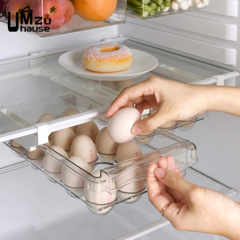 Panier de Rangement Frigo Extensible avec Porte-Œufs transparent, rangement pratique pour œufs dans le réfrigérateur
