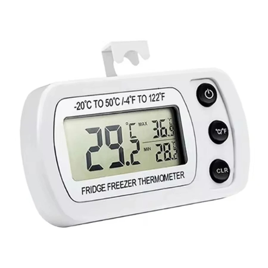 Thermomètre digital réfrigérateur & congélateur LCD blanc avec grand écran 29,2°C boutons marche °C/°F et crochet