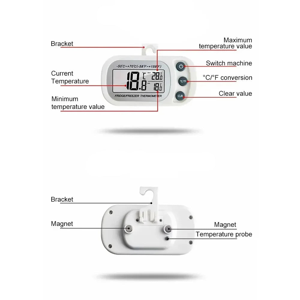 Thermomètre digital réfrigérateur & congélateur LCD blanc avec écran sonde aimants et crochet de fixation