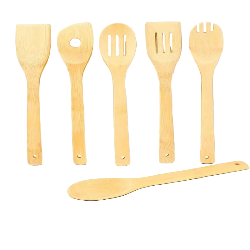 Ustensiles de cuisine en bambou 7 pièces antiadhésives écologiques présentés sur une table en bois clair