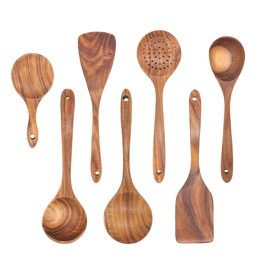 Ustensiles de cuisine en bois de teck – 1 à 11 pièces, ensemble de 7 ustensiles en bois naturel