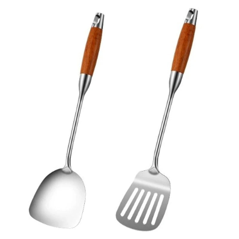 Ensemble d'ustensiles de cuisine en inox 316 et bois, spatule plate et perforée pour faciliter la cuisson