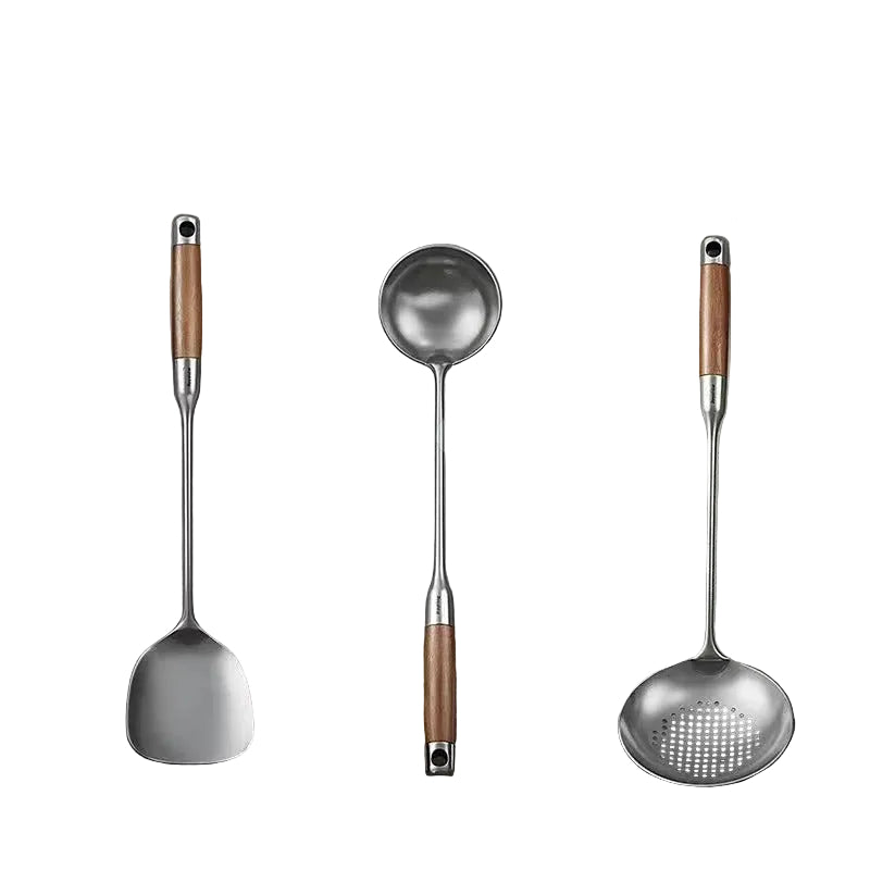 Ensemble d'ustensiles de cuisine en inox 316 et bois comprenant une spatule et deux louche