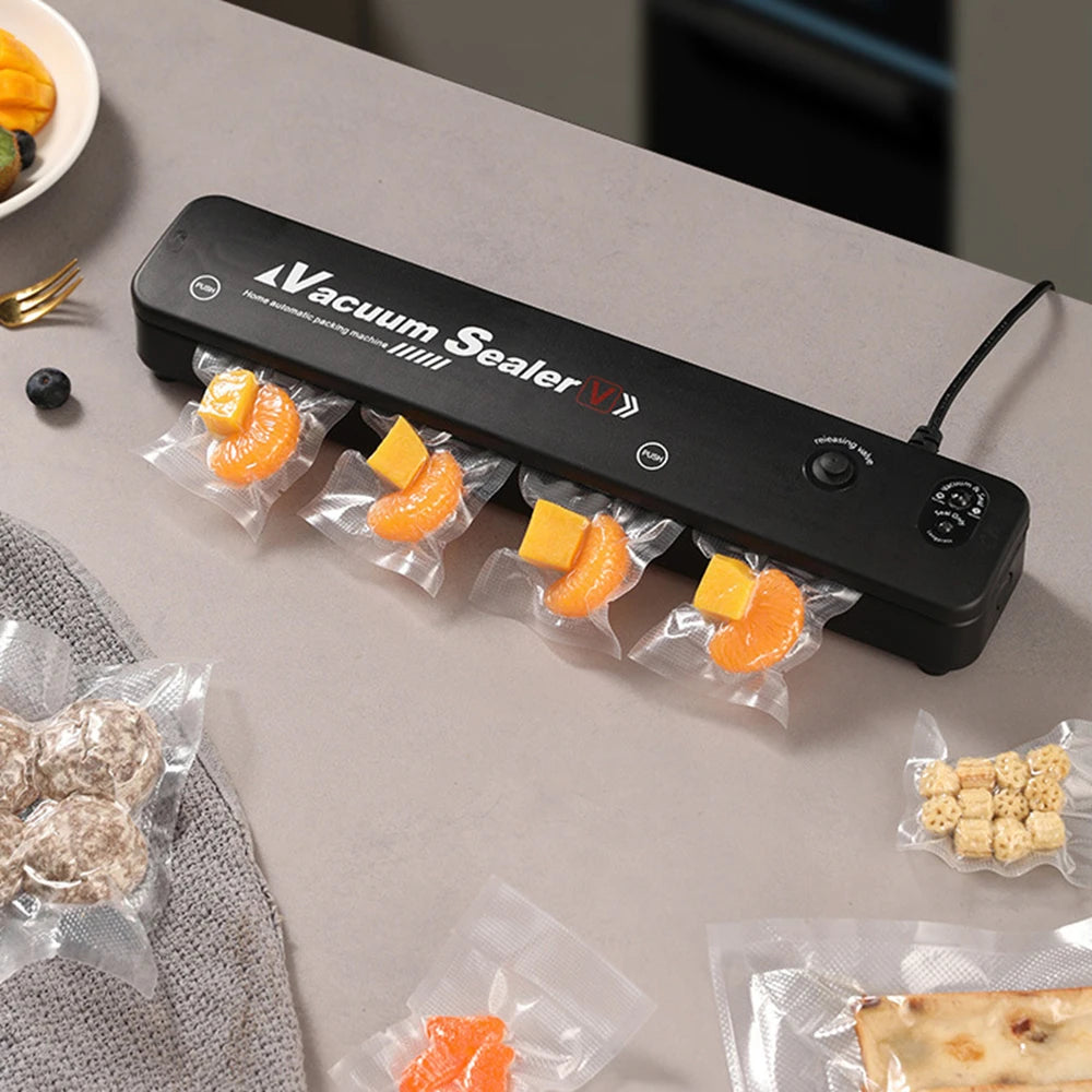 Machine sous vide alimentaire – Compacte et puissante. Scelleuse noire sur plan de travail avec sachets de mandarines et fromage