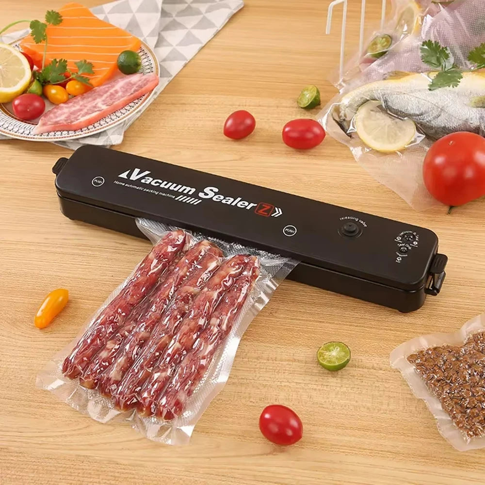 Machine sous vide alimentaire – Compacte et puissante. Machine scellant des saucisses et poissons sur plan en bois