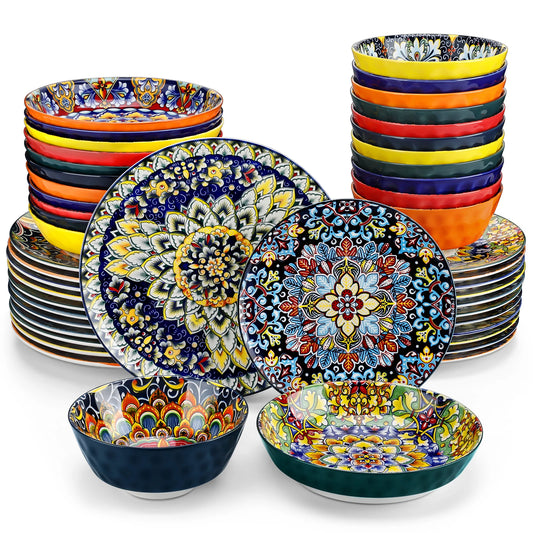 Service de table MALACASA en porcelaine – 24 ou 48 pièces avec des motifs colorés et variés pour un dîner élégant