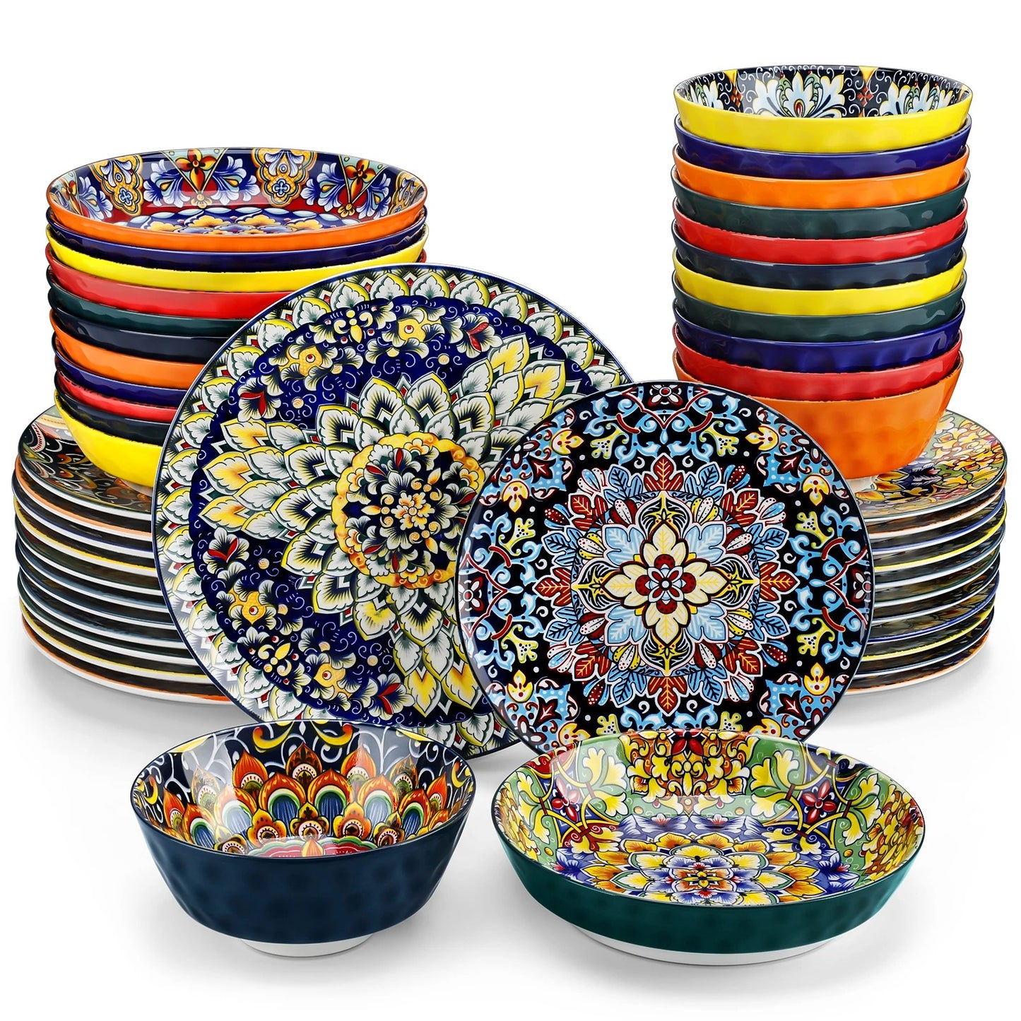Service de table MALACASA en porcelaine de 24 ou 48 pièces avec designs colorés et variés