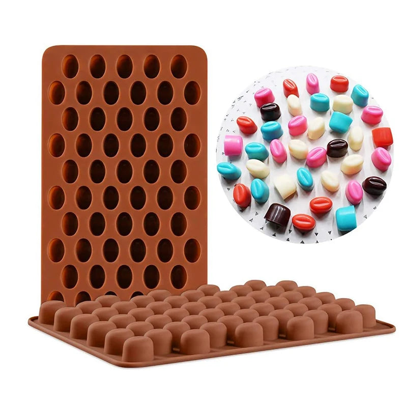 Moule Silicone 3D Grains de Café marron pour pâtisserie avec cavités ovales et bonbons colorés