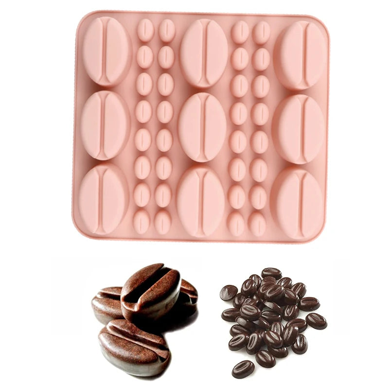Moule Silicone 3D Grains de Café rose pour pâtisserie avec motifs grains de café en relief