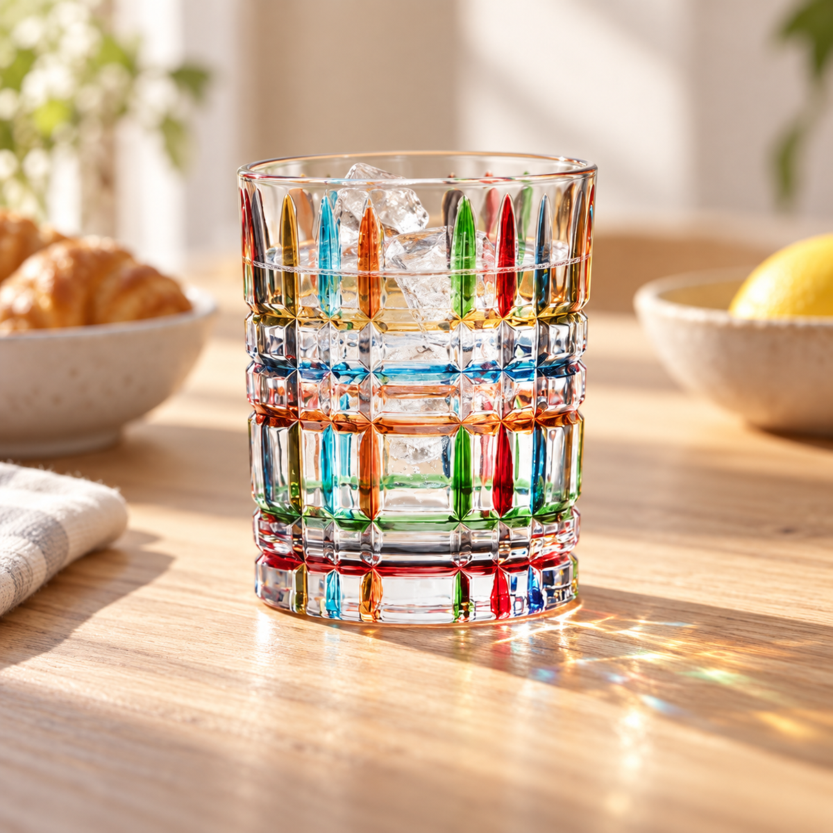 Verre à eau coloré à motif relief – 310 ml rempli de glace sur une table en bois