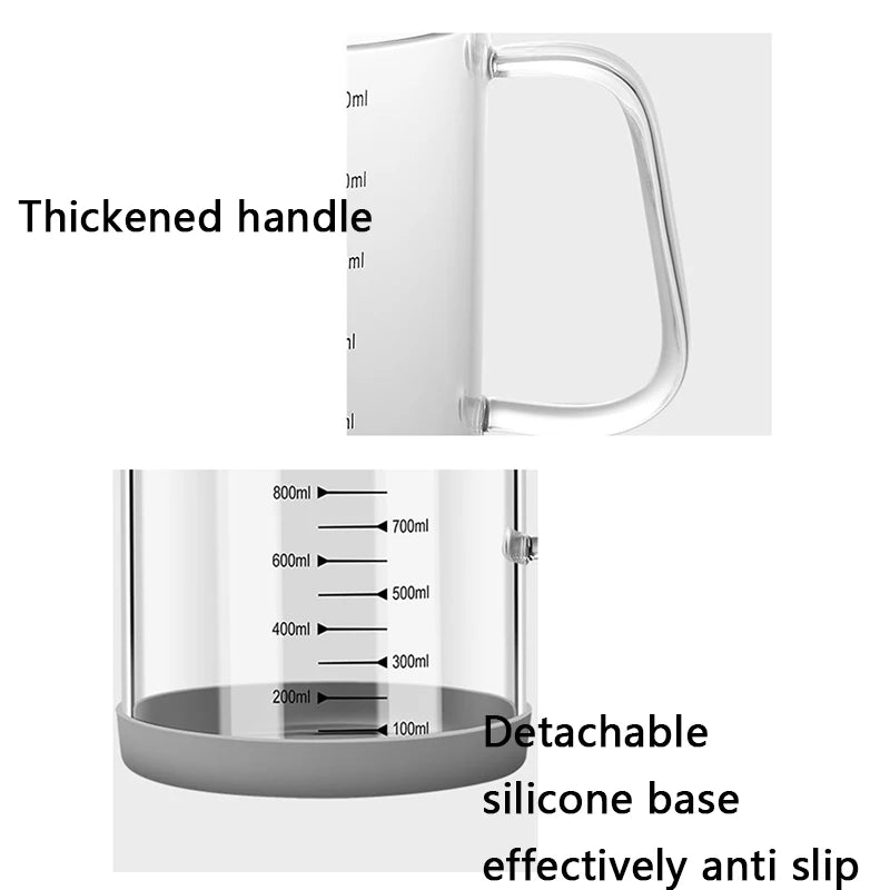 Verre Doseur 1L en Borosilicate – Résistant Lisible avec poignée épaissie et base en silicone antidérapante