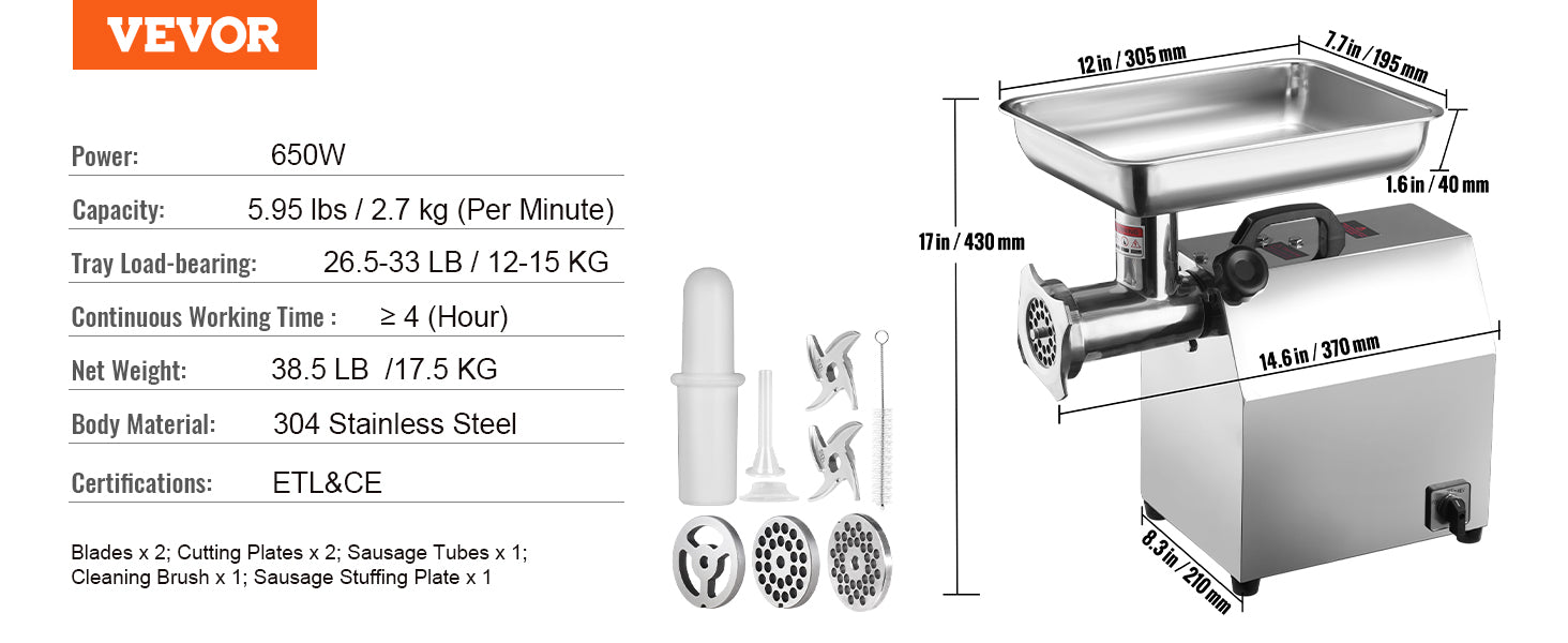 Hachoir à Viande Pro VEVOR – 4600W Inox Haute Puissance en acier inoxydable avec accessoires et dimensions