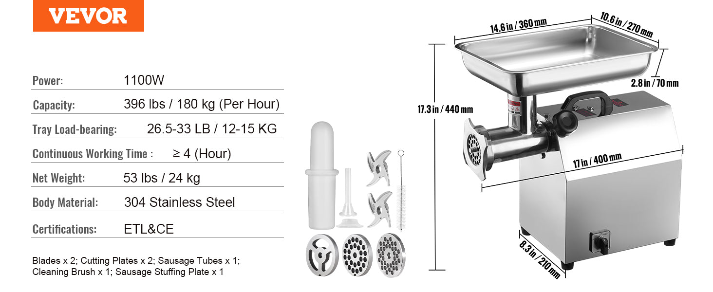 Hachoir à Viande Pro VEVOR – 4600W Inox Haute Puissance avec accessoires et dimensions détaillées