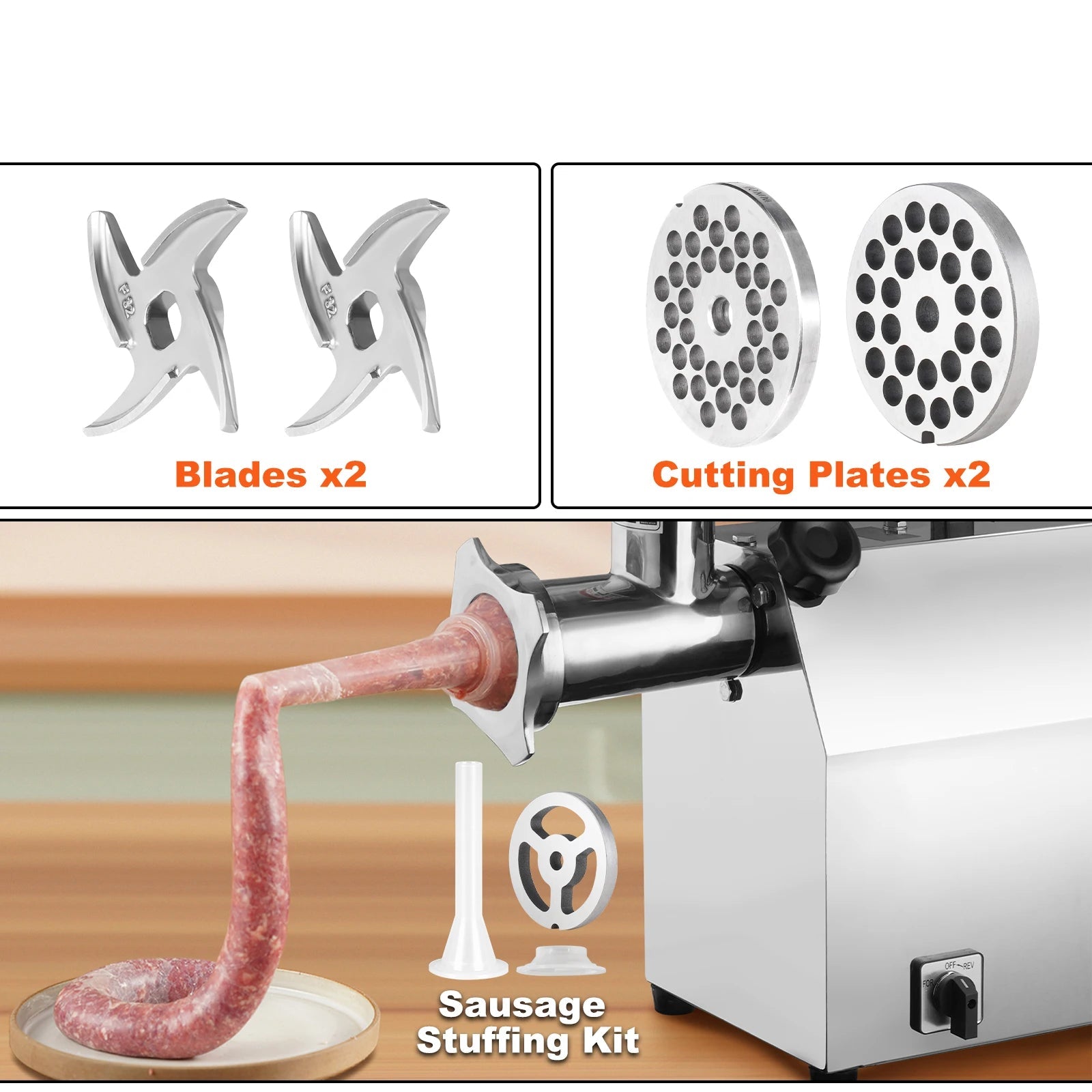 Hachoir à Viande Pro VEVOR – 4600W Inox Haute Puissance avec lames, plaques de coupe et kit pour saucisses