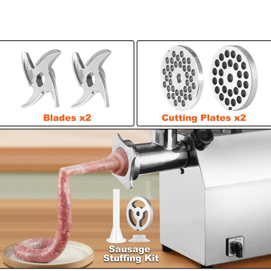 Hachoir à Viande Pro VEVOR – 4600W Inox Haute Puissance avec lames, plaques de coupe et kit pour saucisses