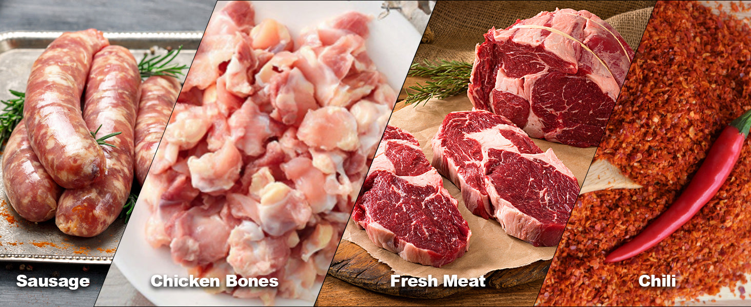 Hachoir à Viande Pro VEVOR – 4600W Inox Haute Puissance avec saucisses, os de poulet, viande fraîche et chili