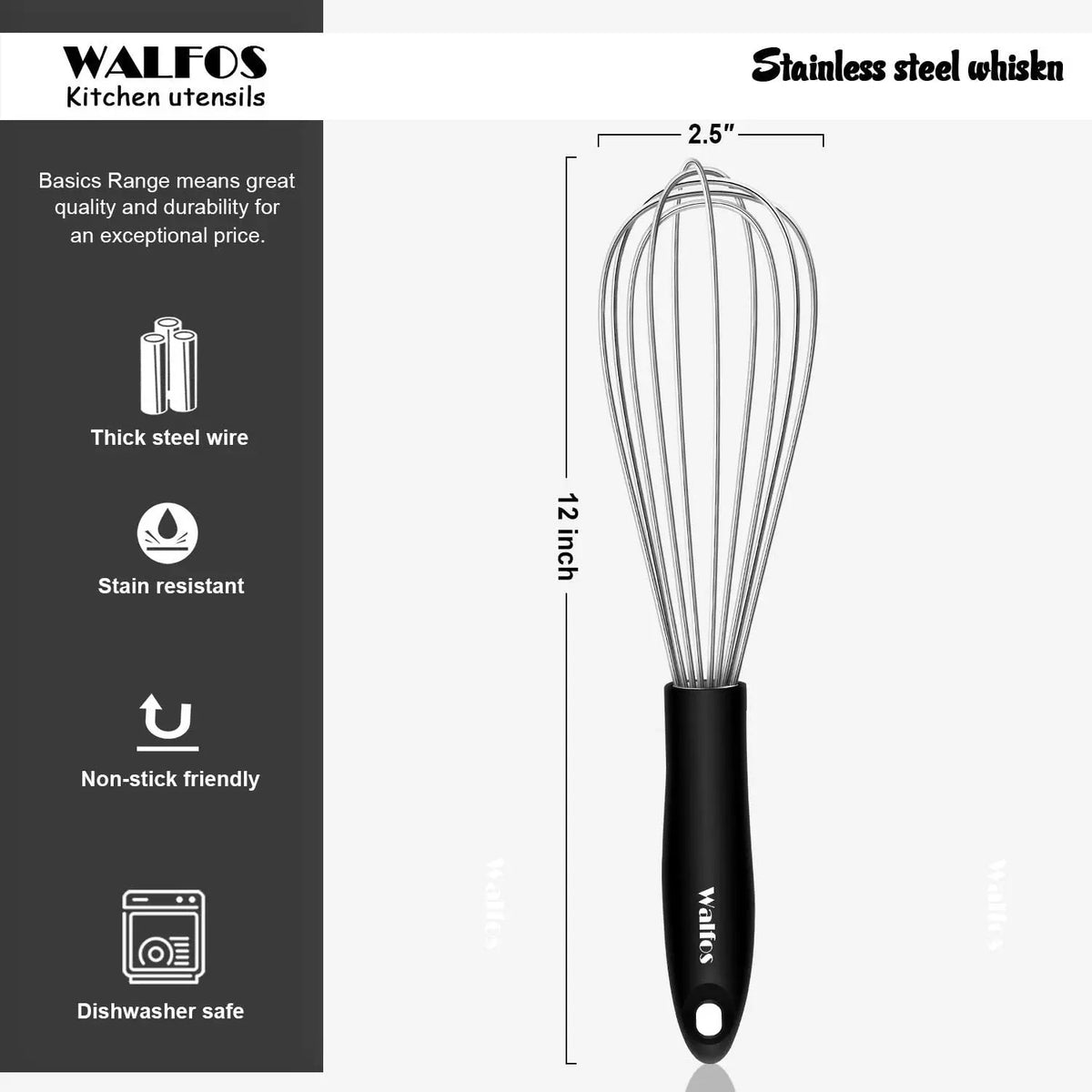 Fouet de cuisine inox Walfos professionnel de 30 cm avec poignée antidérapante et résistant au lave-vaisselle