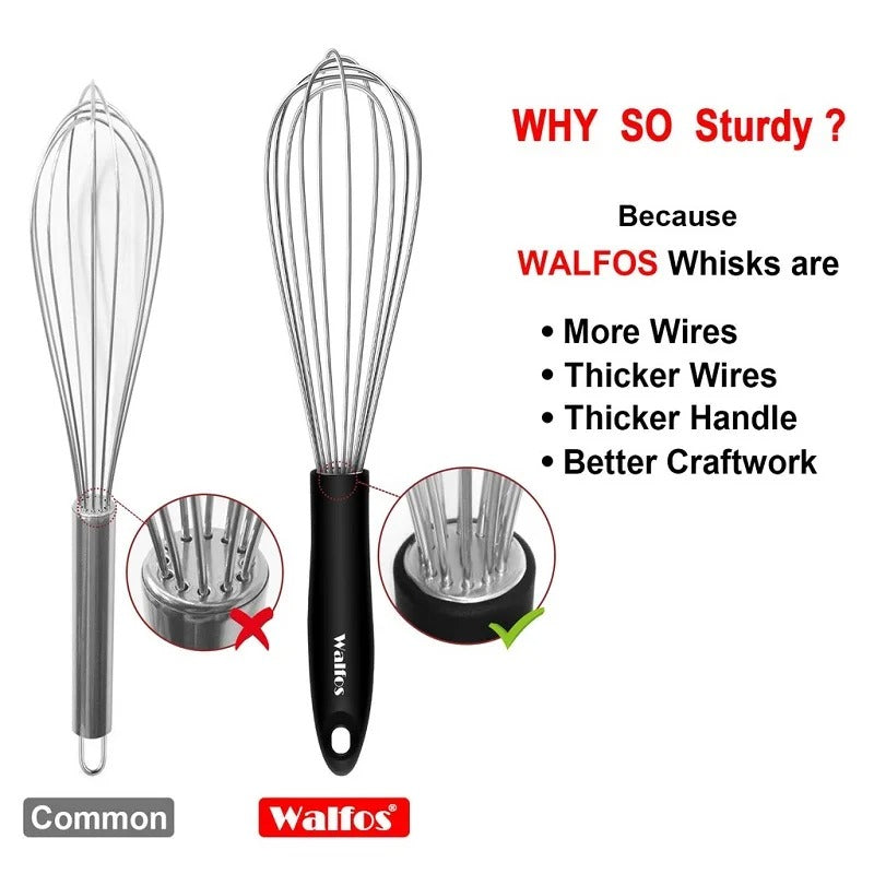 Comparaison du fouet de cuisine inox Walfos professionnel et d'un fouet standard, mettant en avant sa robustesse.