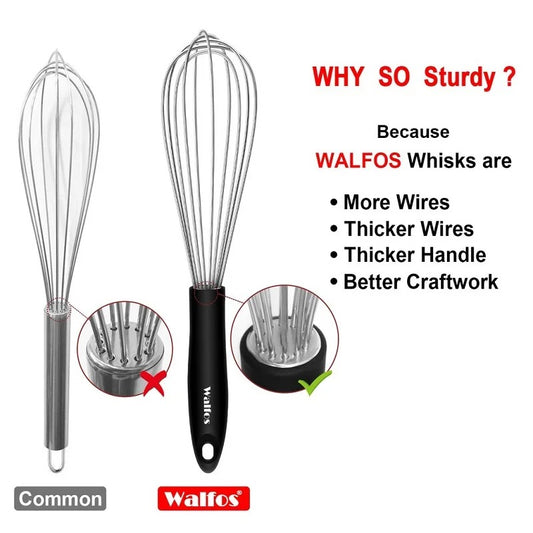 Comparaison du fouet de cuisine inox Walfos professionnel et d'un fouet standard, mettant en avant sa robustesse.