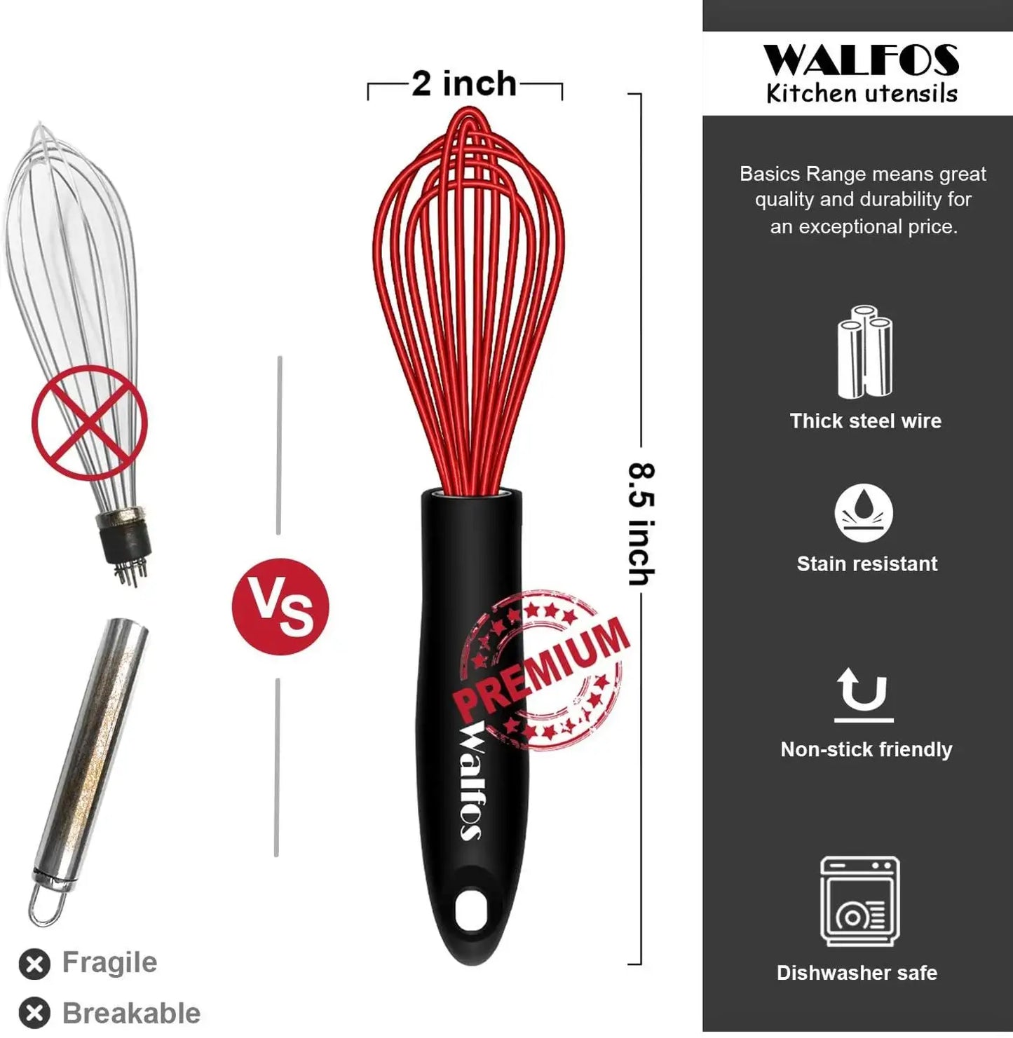 Fouet Silicone Walfos – ergonomique rouge avec manche noir confortable et résistant pour cuisine