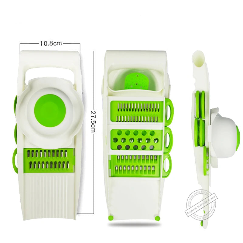 Mandoline WALFOS 5 Lames Inox – Découpe Rapide et Sécurisée avec dimensions 27,5 x 10,8 cm en plastique blanc et vert