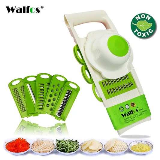 Mandoline WALFOS 5 Lames Inox – Découpe Rapide & Sécurisée avec 5 lames interchangeables et accessoires verts