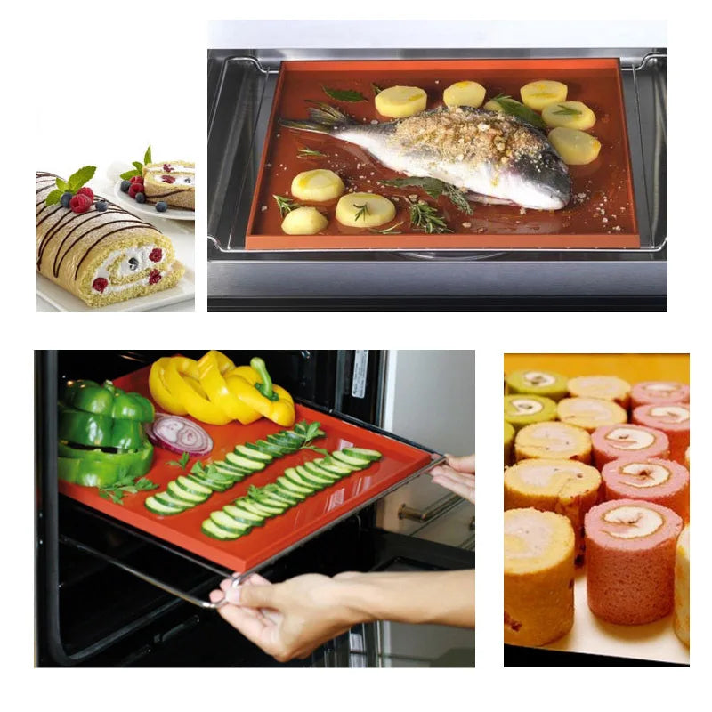 Tapis de Cuisson en Silicone Walfos dans un four avec poisson, légumes et pâtisseries sur un tapis rouge réutilisable