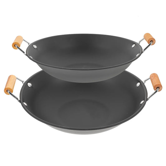 Wok 28 cm en Métal avec Poignées – Lot de 2 ustensiles de cuisine noirs avec poignées en bois
