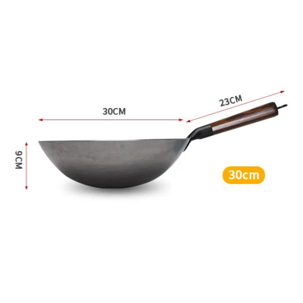 Wok en Fonte Naturelle 30/32 cm – Cuisson Saine Sans Revêtement Chimique avec poignée en bois par Ustensiles de chef