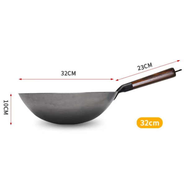 Wok en Fonte Naturelle 30/32 cm – Cuisson Saine Sans Revêtement Chimique avec poignée en bois Ustensiles de chef