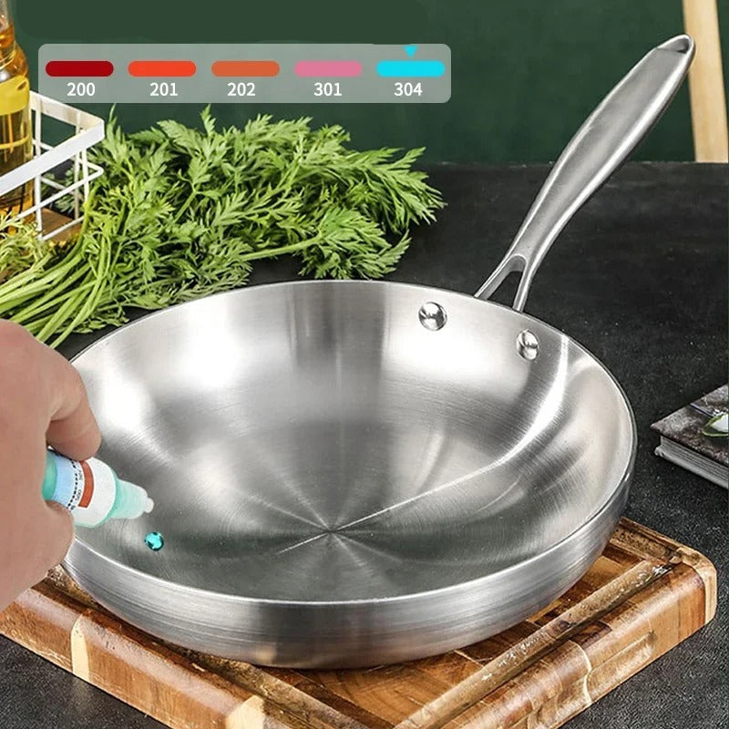 Wok Inox Multicouche Antiadhésif – 22-28 cm Tous Feux avec poignée inox sur planche en bois