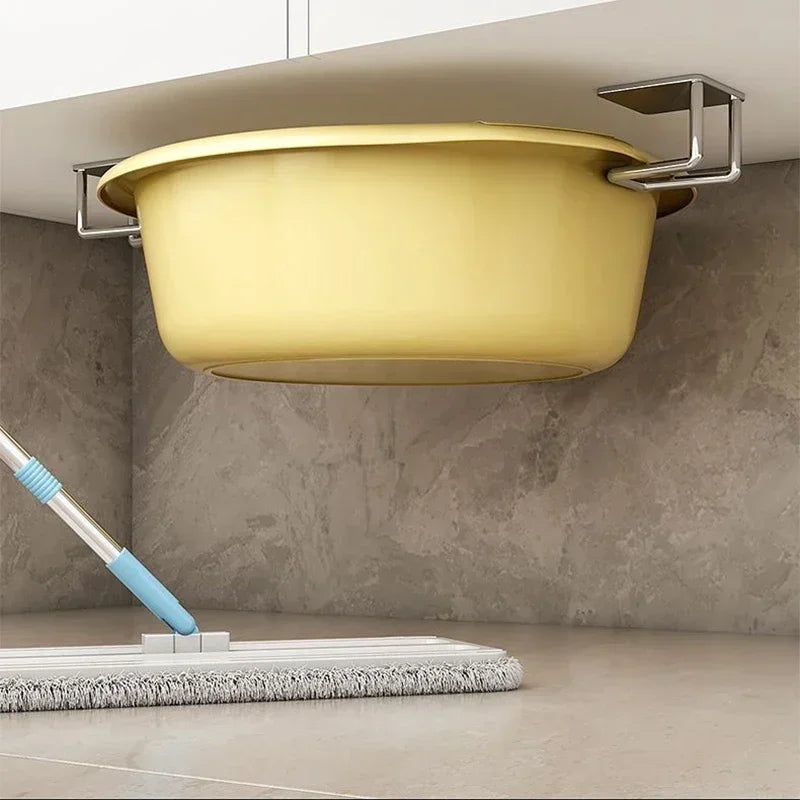 Support Éponge Auto-adhésif – Organisateur Cuisine monté sous meuble inox tenant un bac jaune pour rangement et nettoyage