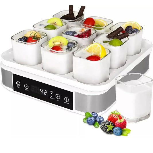 Yaourtière Digitale 9 Pots – Yaourts Maison Sans Additifs avec neuf pots en verre garnis de fruits et chocolat
