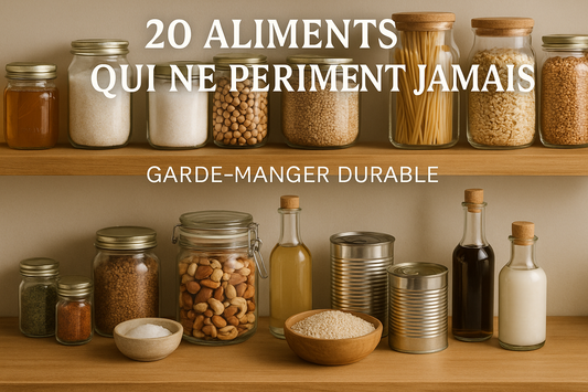 Étagère avec 20 aliments qui ne périment jamais pour un garde-manger durable et essentiel
