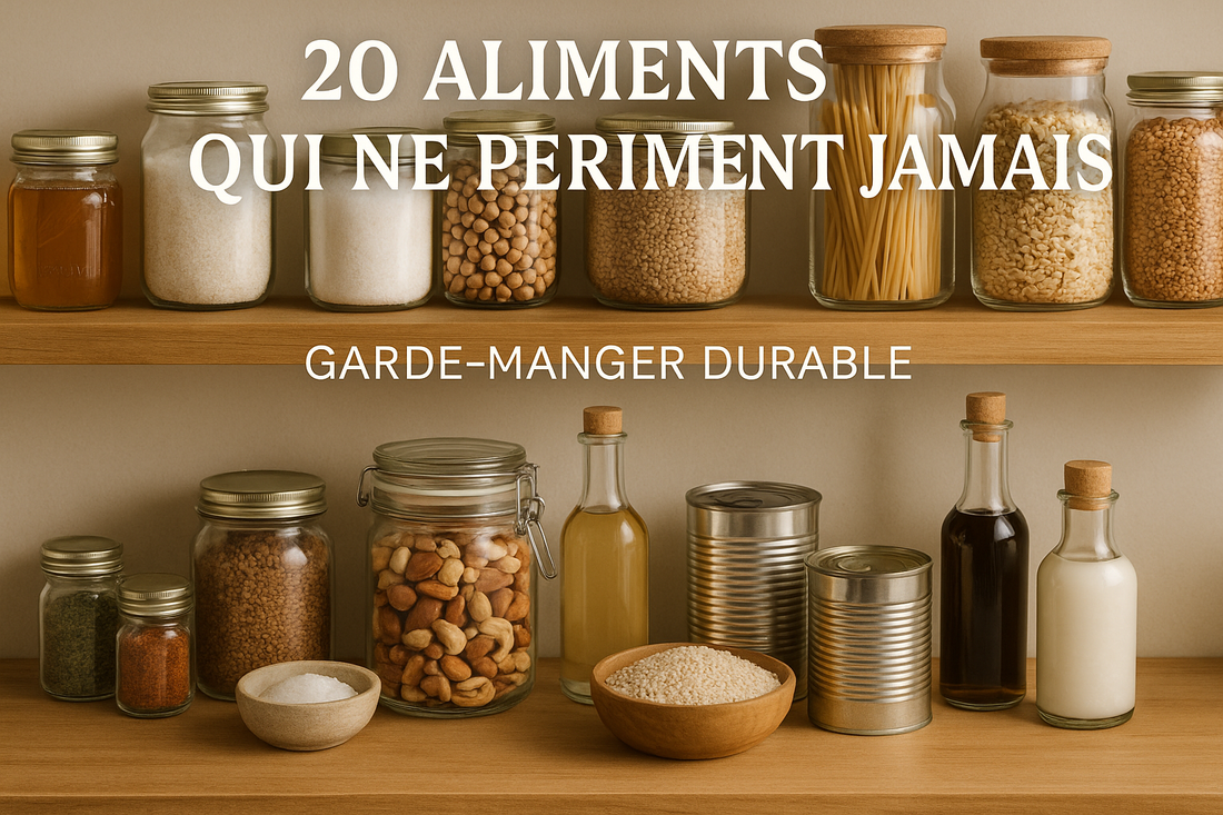 Étagère avec 20 aliments qui ne périment jamais pour un garde-manger durable et essentiel