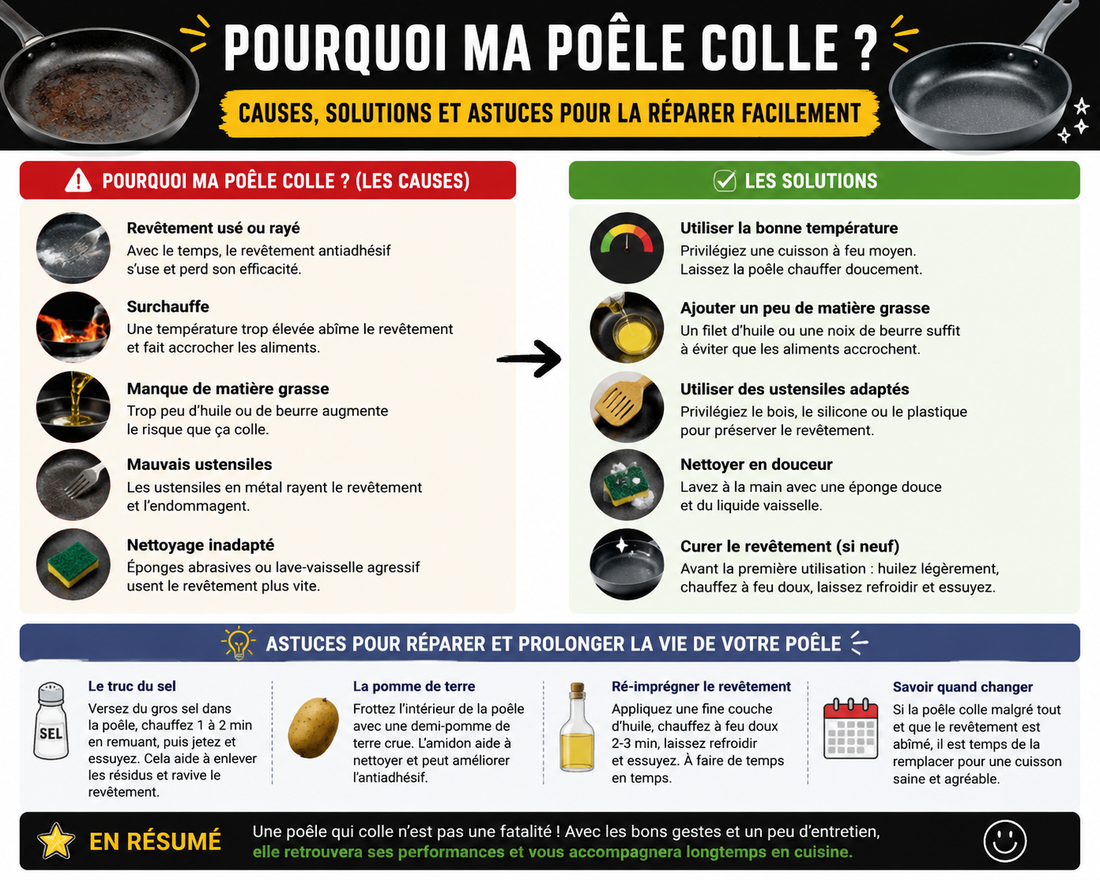 Pourquoi ma poêle colle ? Causes, solutions et astuces pour la réparer facilement   