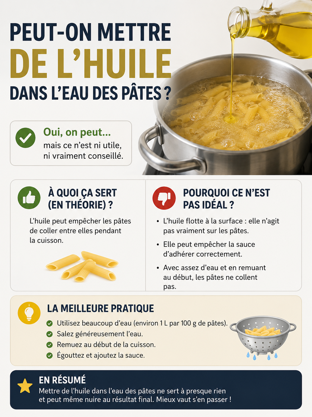 Peut-on mettre de l’huile dans l’eau des pâtes ?